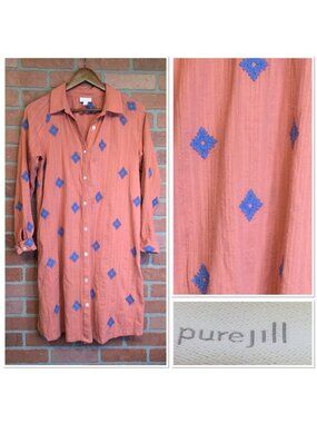 Pure Jill Button Down Embroidered Tunic Shirt Dress Gauzy Cotton Womens Size S